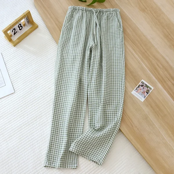 2023 New Spring/Summer Ladies 100% Cotton Crepe Trousers Casual Pajama Pants Simple Women's Plaid Home Pants Loose Size Pants