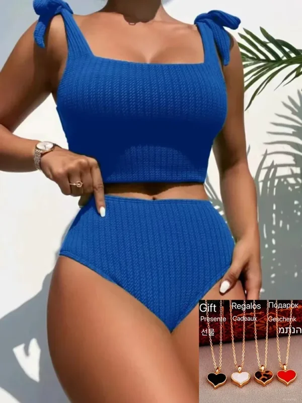 2024 High Waist Bikini Women's Brazilian Swimsuit Sexy Solid Green Tie Up Strap Ribbed Push Up Swimwear Bathing Suit Give A Gift