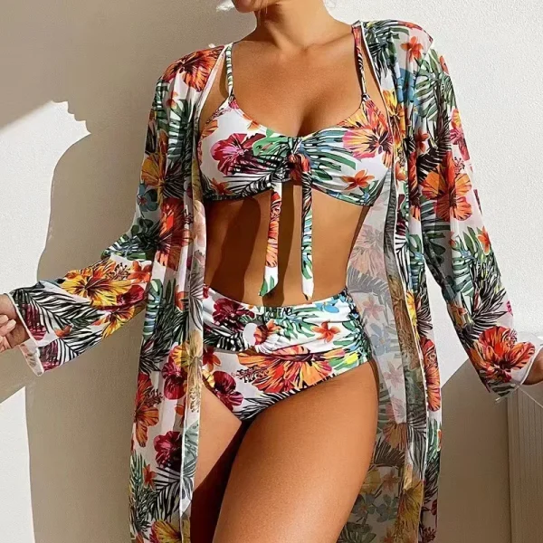 2024 Luxury Sexy High Waisted Bikini Three Pieces Floral Printed Swimsuit Women Bikini Set With Mesh Long-Sleeved Blouse Female