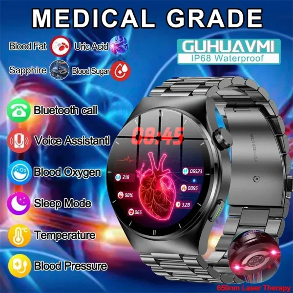 2024 New Laser Therapy Blood Glucose Smart Watch Men Heart Rate Uric Acid Healthy IP68 Waterproof Smartwatch For Huawei Xiaomi