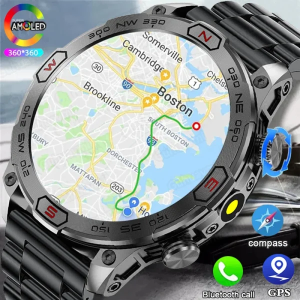 2024 New Outdoor Military GPS Smart Watch Men AMOLED HD Screen Heart Rate Blood Pressure Bluetooth Call Waterproof Smartwatches