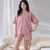 2024 Summer Women Pajama Sets Short Sleeve T-shirts+Shorts Two Pieces Suits Female Comfortable Sleepwear Casual Home Clothes - Image 4