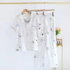 3pcs flower summer pajamas sets women sleepwear double gauze wrinkly cotton Short sleeved long pants shorts pyjamas plus size - Image 5