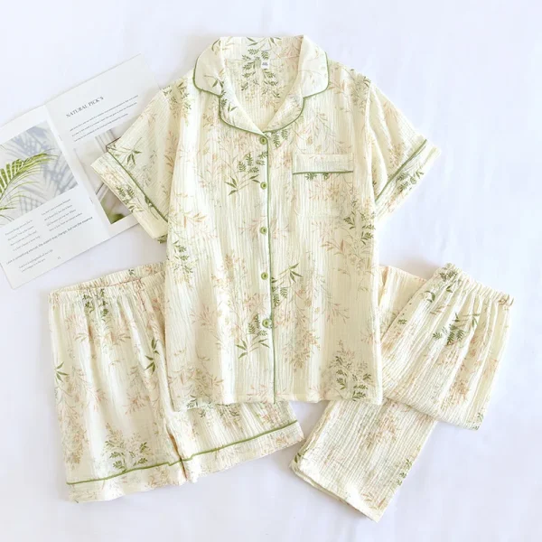 3pcs flower summer pajamas sets women sleepwear double gauze wrinkly cotton Short sleeved long pants shorts pyjamas plus size