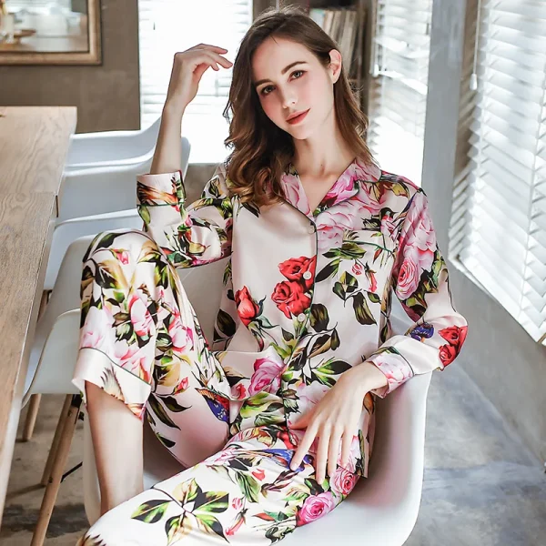 6A 22 MM 100% Mulberry Silk Pajamas Women Real Silk Pajama Sets Sleepwear Floral Printed Flower Long Sleeve Pyjamas Plus Size