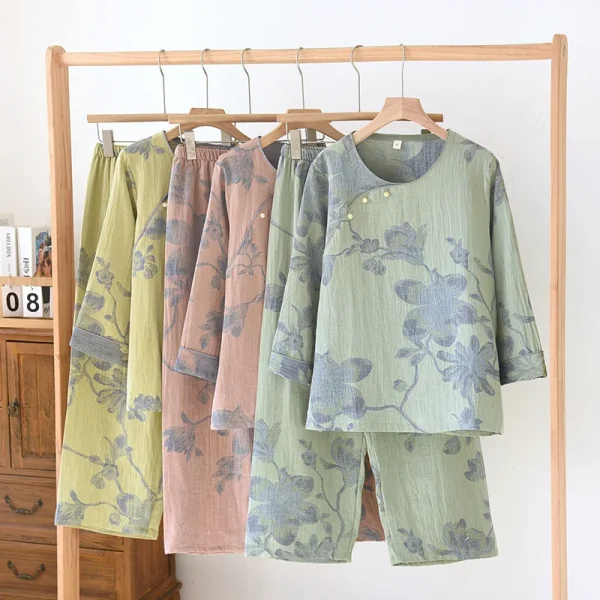 Autumn Pure Cotton Gauze Women's Pajamas Antique Magnolia Print Long Sleeve Round Neck Loose Soft Home Wear Set