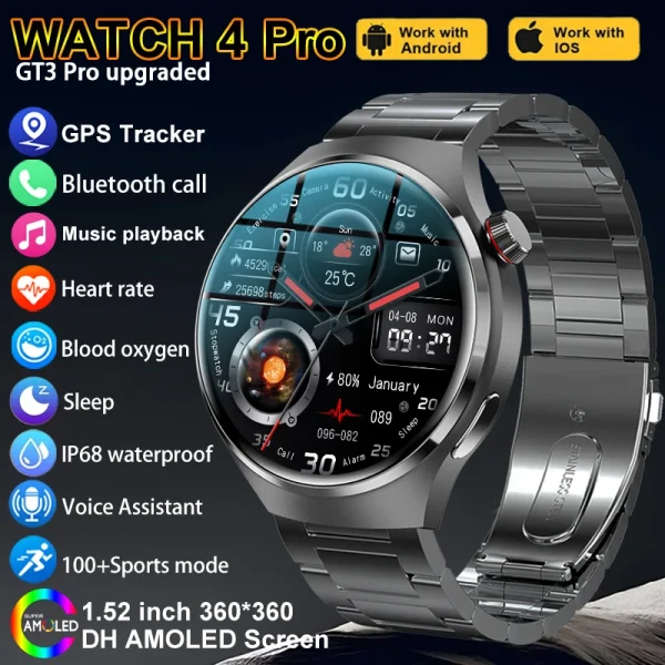 For HUAWEI GT4 Pro GPS Smart Watch Men 360*360 AMOLED Screen Heart rate Bluetooth Call IP68 Waterproof Man Smartwatches 2024 New