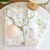 Fresh Floral chest pad pajamas sets women 100% double gauze wrinkly cotton spring simple sweet long sleeve sleepwear pyjamas - Image 3