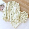 Fresh Floral chest pad pajamas sets women 100% double gauze wrinkly cotton spring simple sweet long sleeve sleepwear pyjamas - Image 4