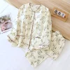 Fresh Floral chest pad pajamas sets women 100% double gauze wrinkly cotton spring simple sweet long sleeve sleepwear pyjamas - Image 5