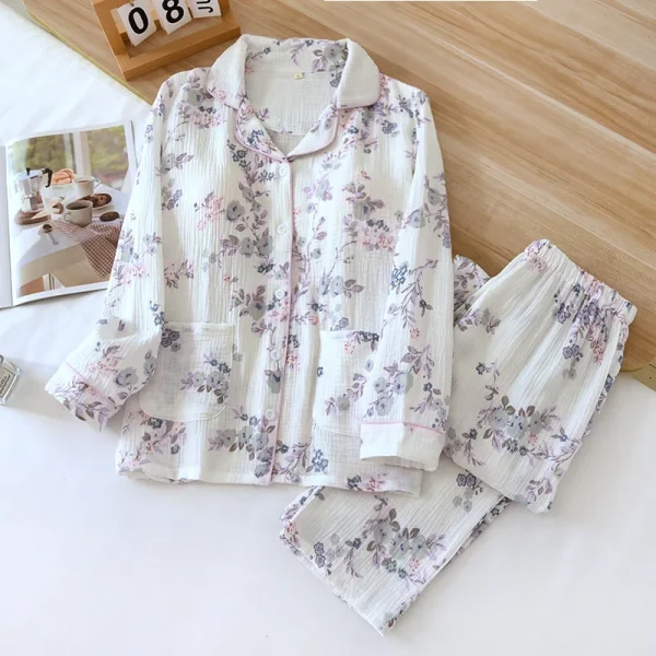 Fresh Floral chest pad pajamas sets women 100% double gauze wrinkly cotton spring simple sweet long sleeve sleepwear pyjamas