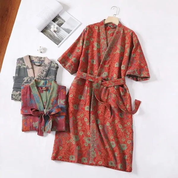 Fresh sweet 100% cotton double gauze robes women summer Short sleeve Chinese style Simple bathrobes kimono robes Plus size