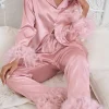 Hiloc Satin Pajamas With Feathers Trouser Suits High Waist Sleepwear Women Pajama Sets With Pants Fur Single Breasted Sets 2024 - Image 2