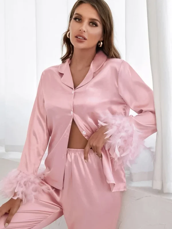 Hiloc Satin Pajamas With Feathers Trouser Suits High Waist Sleepwear Women Pajama Sets With Pants Fur Single Breasted Sets 2024