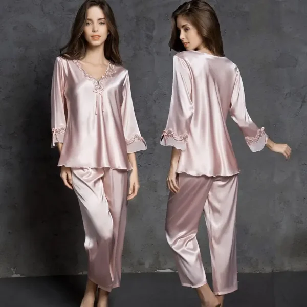 Ice Silk Kawaii Clothes Women Sleepwear Sexy Big Size Pajama Sets Lace Loungewear Set Korean Fashion Loose Spring Autumn Pajamas