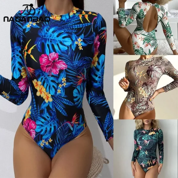 Nadanbao Women Backless Swimwear Long Sleeves One Piece Swimsuits Sexy Printing Bodysuit Bathing Suit Summer Beach Party Wear