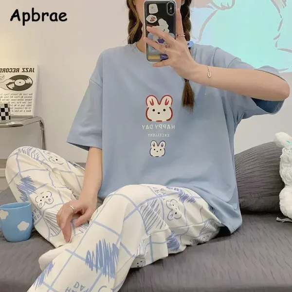 New Pajama Cartoon Cotton Pajamas for Women Summer Short Sleeved Long Pants Sleepwear Korean Fashion Rabbit Print Home Clothing