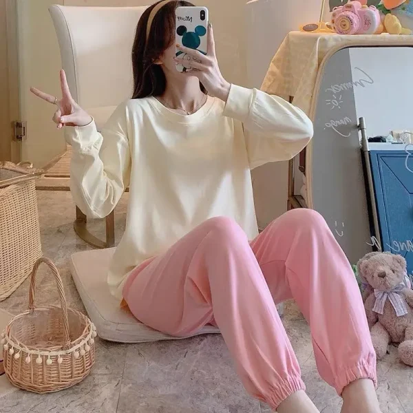 New Spring Homewear Long Sleeve Pajamas Set Cute Leisure Women Sleepwear 2Pcs Nightwear Women Long Loose Waist Pant Home Suit