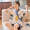 New Summer Fashion Soft Cotton Women's Pajamas Kawaii Animal Printing Sleepwear Shorts Kimono Loose Nightwear for Young Girls - Image 2