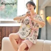 New Summer Fashion Soft Cotton Women's Pajamas Kawaii Animal Printing Sleepwear Shorts Kimono Loose Nightwear for Young Girls - Image 4