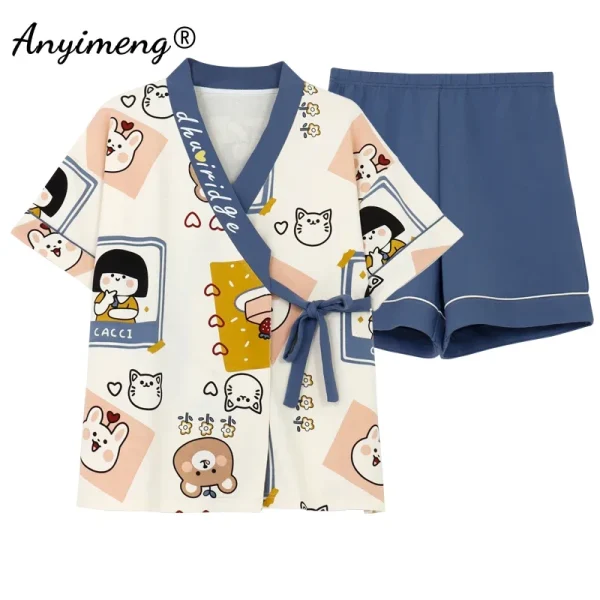 New Summer Fashion Soft Cotton Women's Pajamas Kawaii Animal Printing Sleepwear Shorts Kimono Loose Nightwear for Young Girls