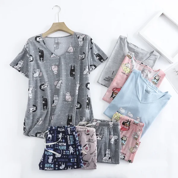 Plus Size shorts pajamas sets women knit cotton cute cartoon Short sleeve loose pyjamas women sleepwear Large size summer