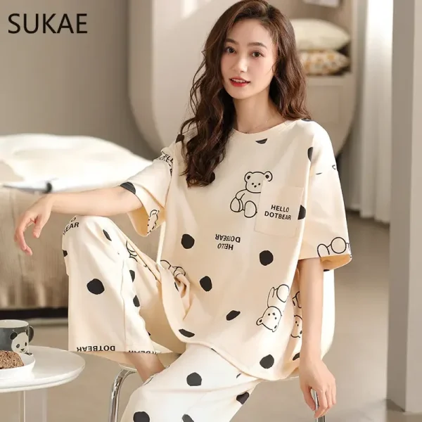 SUKAE Kawaii Pajamas Sets for Women Summer Good Quality Knitted Cotton Sleepwear for Girl Short Sleeved Women Clothing Nightwear