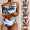 Sexy Bikinis Women 2022 Summer Two Piece Marble Print Swimsuit Female Push Up Halter Ruched Wrap Front High Waist Bathing Suit - Image 2