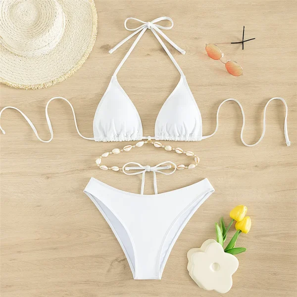 Sexy White Shell String Halter Triangle Bikini Set Women Swimwear Micro Thong Swimsuit Bathing Suit Mini Bikinis 2024 Mujer Swim