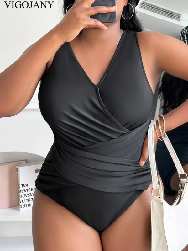 VigoJany 2024 Solid Strapped Plus Size Swimwear Women Cross Push Up Large One Piece Swimsuit Backless Beach Chubby Bathing Suit