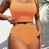 2024 High Waist Bikini Women's Brazilian Swimsuit Sexy Solid Green Tie Up Strap Ribbed Push Up Swimwear Bathing Suit Give A Gift - Image 5