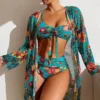 2024 Luxury Sexy High Waisted Bikini Three Pieces Floral Printed Swimsuit Women Bikini Set With Mesh Long-Sleeved Blouse Female - Image 5