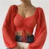 ALLUKASA Sexy Mesh Lantern Sleeves Drawstring Wrap Chest Bare Midriff T Shirt Women Long Sleeves Bottoming - Image 2