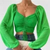 ALLUKASA Sexy Mesh Lantern Sleeves Drawstring Wrap Chest Bare Midriff T Shirt Women Long Sleeves Bottoming - Image 3