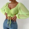 ALLUKASA Sexy Mesh Lantern Sleeves Drawstring Wrap Chest Bare Midriff T Shirt Women Long Sleeves Bottoming - Image 4