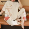 Cute Duck Print Pajamas for Women Cotton Women Pajama Sets Short Sleeves Long Pants Cartoon Pijamas Korean Girl Sleepwear - Image 3