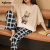 Cute Duck Print Pajamas for Women Cotton Women Pajama Sets Short Sleeves Long Pants Cartoon Pijamas Korean Girl Sleepwear - Image 2