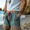 Daily Casual Breathable Men Linen Shorts Vintage Printing Drawstring Beach Shorts Summer Loose Men's Short Pants Knee Length - Image 2