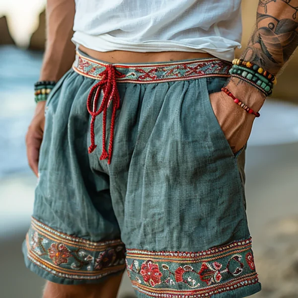 Daily Casual Breathable Men Linen Shorts Vintage Printing Drawstring Beach Shorts Summer Loose Men's Short Pants Knee Length