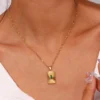 E.B.bell Trendy Rectangle Sunburst Gold Plated Necklace Basic Green White Crystal Pendant Stainless Steel Necklace For Women - Image 4