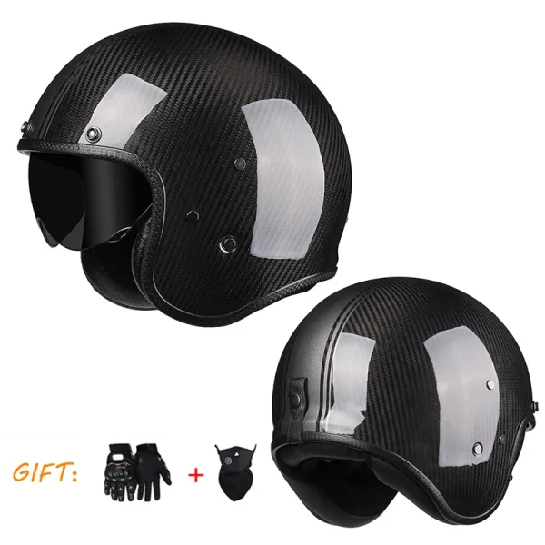 Genuine Carbon Fiber Cafe Racer Motorcycle Vintage Open Face Helmet Jet Retro 3/4 Scooter Moto Carbon Helmets with Inner Visor