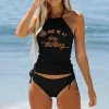 High Waisted Bikini Sets For Women Casual Halter Swimwear Alphabet Sea Turtle Print Two Piece Bikini Lace Up Strap Beach Set - Image 2