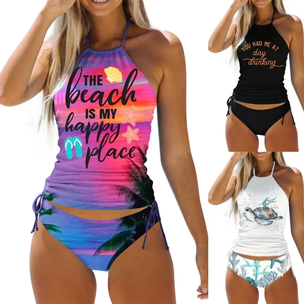 High Waisted Bikini Sets For Women Casual Halter Swimwear Alphabet Sea Turtle Print Two Piece Bikini Lace Up Strap Beach Set