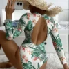 Nadanbao Women Backless Swimwear Long Sleeves One Piece Swimsuits Sexy Printing Bodysuit Bathing Suit Summer Beach Party Wear - Image 2