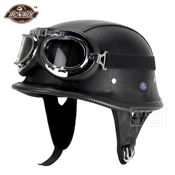 New Leather Motorcycle Helmet German Motorcycle Open Face Half Helmet Chopper Biker Pilot DOT BLACK