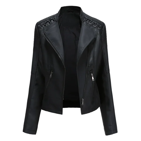 PU Leather Motorcycle Jacket Chaqueta Moto Women Moto Motocross Riding Jacket Standing Neck Zipper Casual Slim Fitting Jacket