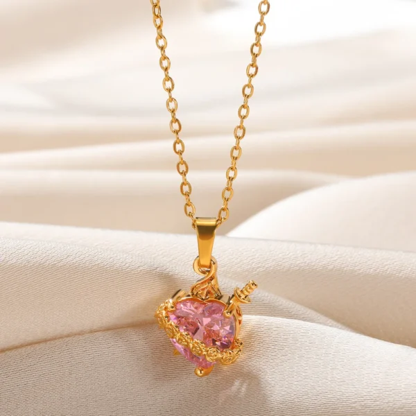 Pink Heart Zircon Necklace Gold Color Copper Cupid Eros Arrow Heart Pendant Necklace Korean Fashion Jewelry Girls Party Gift