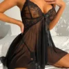 Pink Lace Mesh Nightgowns Sleepwear Women Sexy Lingerie Babydoll Revealing Plunge Neckline and Thigh-High Split Dress Underwear - Image 2