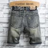 Ripped Short Jeans Men Vintage Denim Shorts Straight Hole Patch Plaid Hip Hop Fashion Knee Length Pants Streetwear - Image 2