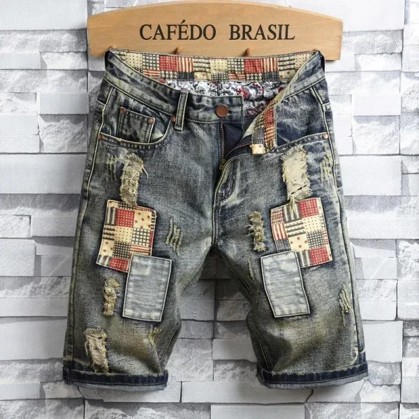 Ripped Short Jeans Men Vintage Denim Shorts Straight Hole Patch Plaid Hip Hop Fashion Knee Length Pants Streetwear